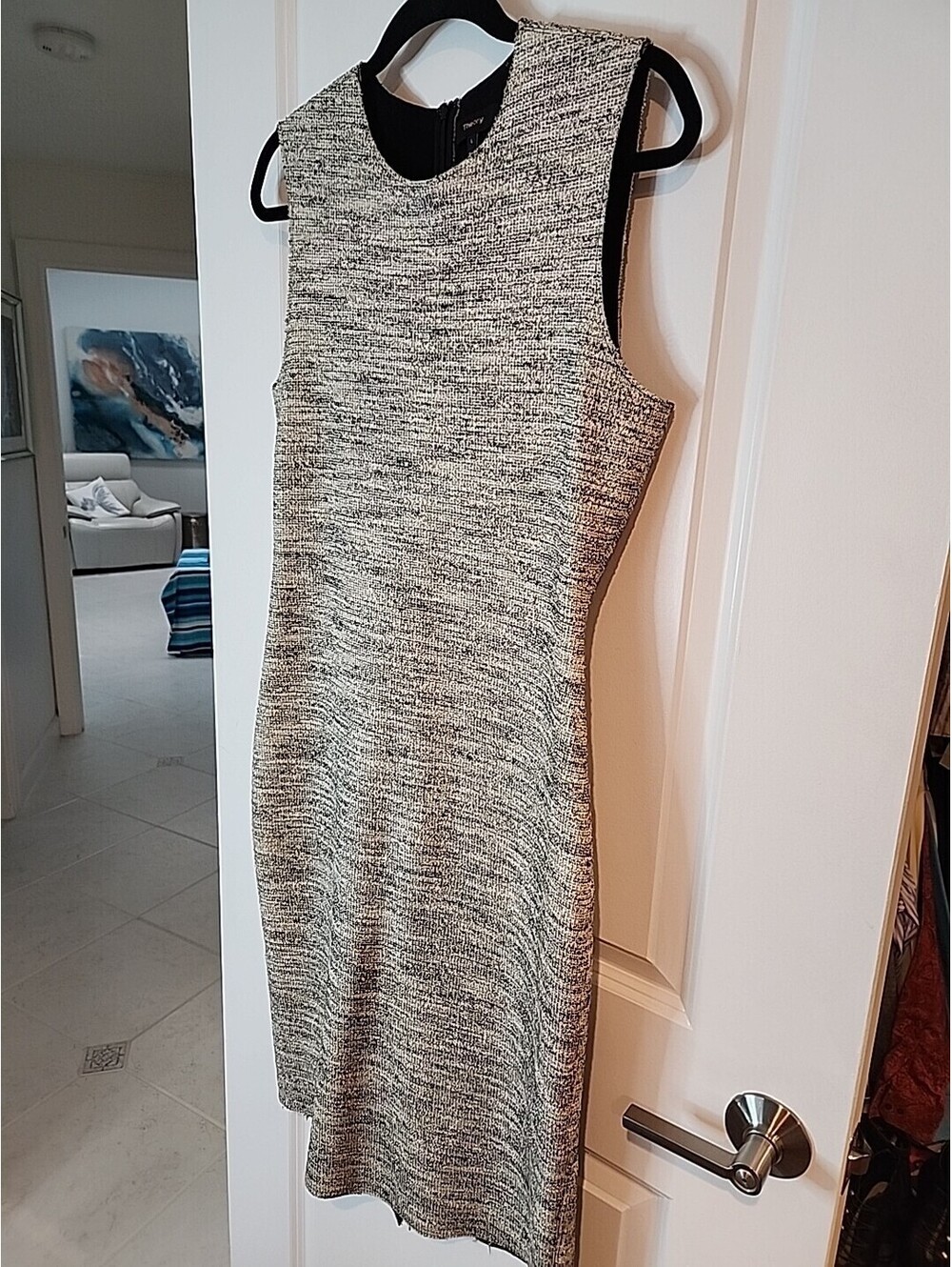 Theory Tweed Sheath Dress Womens L 12 Beige Blk Cotton Blend Sleeveless Career - Picture 8 of 8